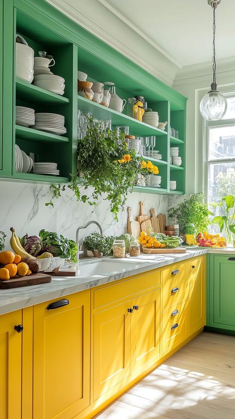 Bright kitchen featuring yellow and green cabinets, open shelves with white dishes, and a marble countertop with fresh Oven Under Window In Kitchen, Oven Under Window, Bright Kitchen Cabinets, Bright Green Kitchen, Yellow And Green Kitchen, Kitchen Cabinet Ideas Modern, Green And Yellow Kitchen, Window In Kitchen, Nursery Design Neutral