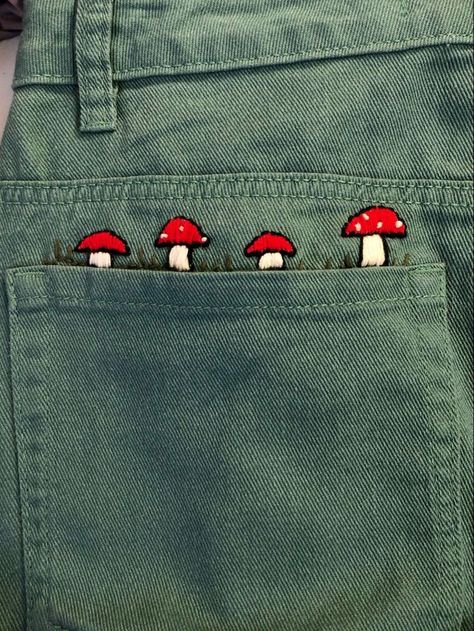 Mushroom Embroidery Jeans, Cute Embordery, Simple Embroidery On Clothes, Cute Small Embroidery Ideas, Embroidery Designs For Men, Weird Embroidery, Embroidery Goth, Small Embroidery Designs, Easy Embroidery Designs