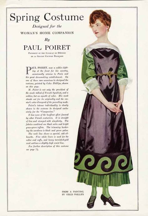 A lovely green and purple spring look by Paul Poiret, 1918. #vintage #Edwardian #1910s #fashion Suffragette Fashion, Spring Costume, Fashion 1910, Paul Poiret, 1910s Fashion, 20th Century Fashion, Edwardian Dress, French Fashion Designers, Old Fashion