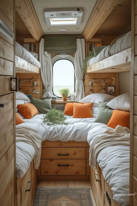 Camper Van Interior Ideas Boho, Camper Van Bunk Beds, Small Camper Floor Plans, Camper Bed Frame, Small Camper Renovation, Camper Bunk Bed Ideas, Van Design Ideas, Motor Home Interior, Camper Renovation Ideas