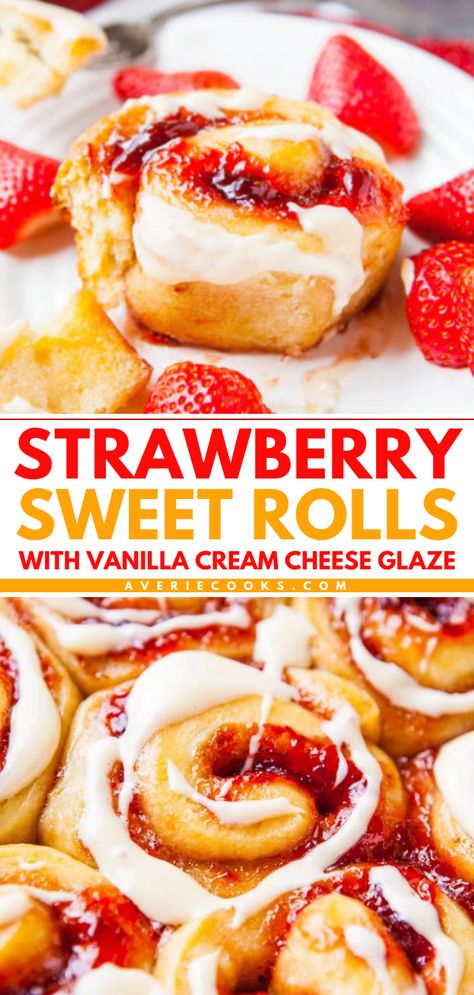 Try this yeast roll recipe! Filled with strawberry jam and topped with vanilla cream cheese glaze, these sweet rolls are the perfect summer breakfast idea. Thanks to an overnight option, they're great to make ahead of your summer brunch party! Strawberry Sweet Rolls, Fluffy Rolls, Jam Roll, Strawberry Cinnamon Rolls, Vanilla Cream Cheese, Sweet Roll Recipe, Cream Cheese Rolls, Breakfast Rolls, Cream Cheese Glaze