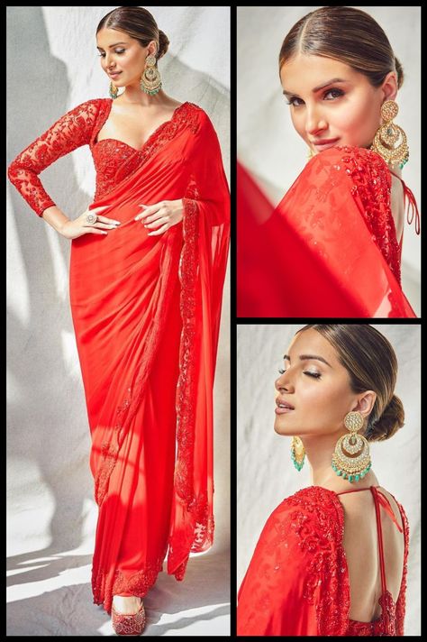 Bollywood Style Blouse Designs, Tara Sutaria Red Saree, Red Saree Designer Party Wear, Red Net Saree Look, Red Saree Look For Wedding Party, Red Saree Outfit Ideas, Red Saree With Red Blouse, Red Saare Look, Red Lehenga Blouse Designs