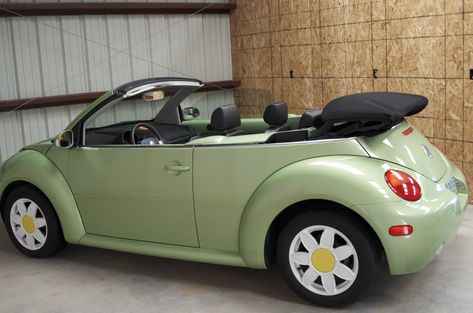 Daisy Car Rims, Volkswagen Beetle Convertible Green, Green Convertible Beetle, Volkswagen Beetle Flower Rims, Beetle Car With Daisy Rims, Flower Rims Beetle, Daisy Rims Car, Green Beetle Car Aesthetic, Daisy Rims Beetle