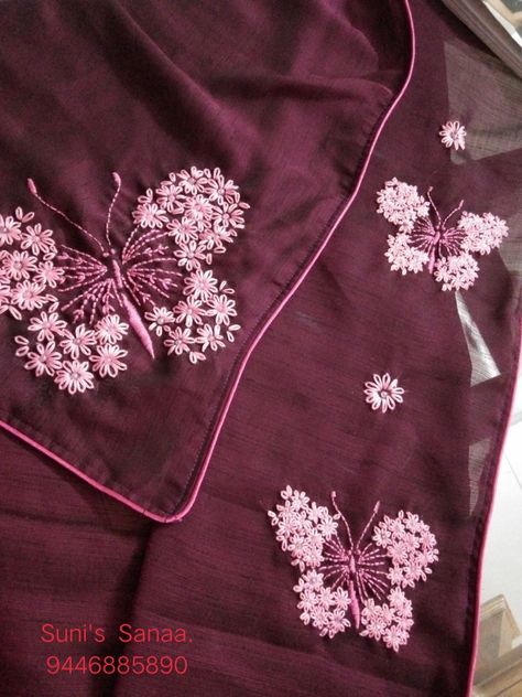 Butterfly Embroidery Designs On Kurti, Saree Hand Embroidery Designs, Hand Embroidery Designs For Sarees, Hand Embroidery Dress Simple, Hand Embroidery Saree Designs, Embroidery In Saree, Saree Handwork Designs, Saree Embroidery Design Simple, Simple Hand Embroidery Designs For Kurti