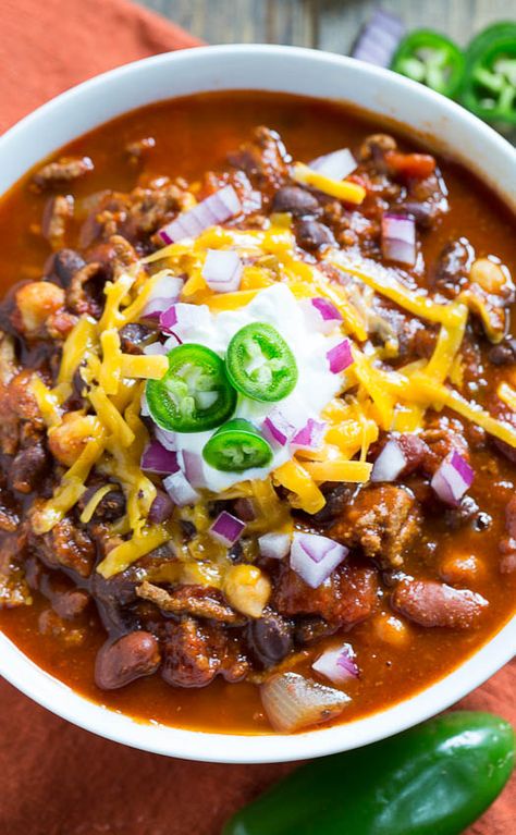 Three-Bean Chili RECIPE Old Fashioned Chili, Chili Beans Recipe, Southern Chili, Old Fashioned Chili Recipe, Three Bean Chili Recipe, Chili Recipe Stovetop, Stovetop Chili, Three Bean Chili, Chili Beans