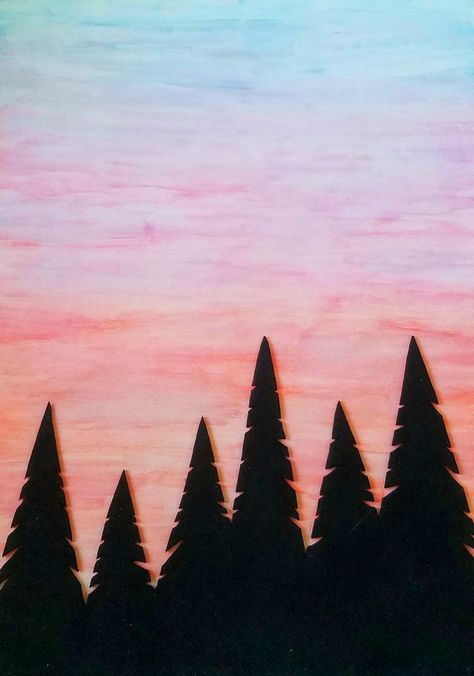 Pine tree silhouette against sunset. Watercolor painting. Trees Silhouette Painting, Pine Tree Silhouette Painting, Watercolor Tree Silhouette, Pine Tree Silloutes, Pine Trees Silhouette, Sunset Watercolor Painting, Painted Sunset, Sunset Backdrop, Sunset Watercolor