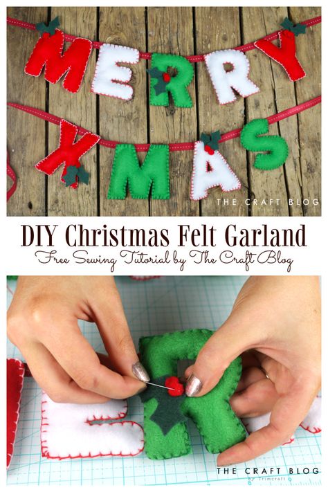 Felt Food Christmas Ornaments, Felt Garlands Christmas, Felt Letter Banner Diy, Felt Merry Christmas Garland Diy, Merry Christmas Garland Diy, Felt Letter Pattern Free Printable, Diy Felt Letter Garland, Sewing Christmas Garland, Felt Garland Christmas Diy