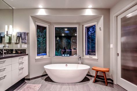 Master Bathroom Tub and Bay Windows - Contemporary - Bathroom - San Francisco - by Golden Visions Design | Houzz Freestanding Soaking Tub, Stone Tile Bathroom, Bath Bedroom, Stand Alone Tub, Girl Bathrooms, White Bathroom Tiles, Bathroom Features, Bathroom Inspiration Modern, Bathtub Design