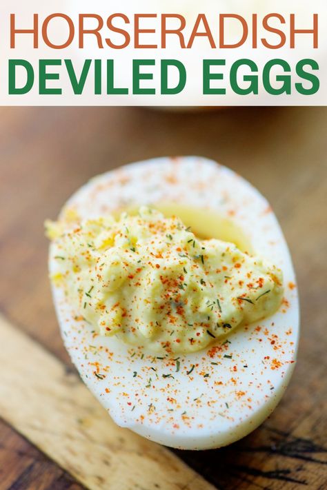 These HORSERADISH DEVILED EGGS are a nice twist on a classic and they’re super easy to prepare. If you like the bite of horseradish, you’ll love these creamy deviled eggs! #deviledeggs #sidedish Deviled Eggs With Horseradish, Horseradish Deviled Eggs Recipe, Horseradish Deviled Eggs, Horseradish Recipes, Deviled Eggs Recipe Easy, Keto Deviled Eggs, Low Carb Life, Devilled Eggs Recipe Best, Deviled Eggs Recipe Classic