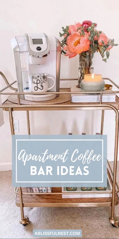 Apartment coffee bar ideas prove that you don't need a lot of space to enjoy a barista-quality coffee experience at home. Transform a spare counter corner or rolling cart into your own coffee haven, filled with personality and charm. Get creative with vertical storage solutions, wall-mounted mug racks, and compact coffee makers to maximize your small space. #apartmentcoffeestation #smallkitchen #coffeelover Coffee Cart At Home, Coffee Bar Cart Ideas Small Spaces, Diy Coffee Bar Small Space, Cubicle Coffee Station, Small Coffee Cart Ideas, Coffee Carts Ideas, Bar Cart Coffee Station, Coffee Cart Ideas Small Spaces, 1908 Kitchen