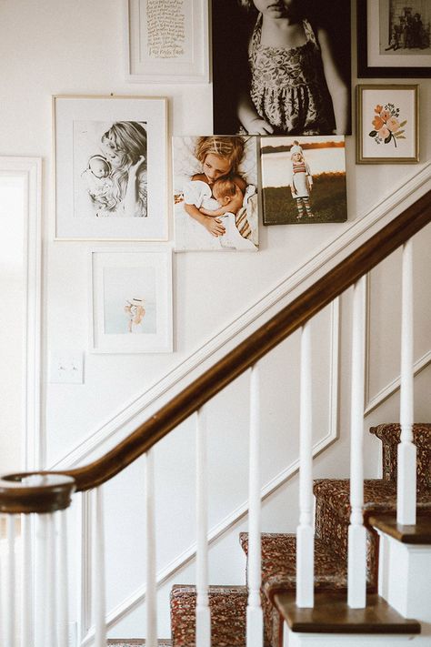 Home Tour: Photo Wall. - Casey Wiegand of The Wiegands Wall Gallery Layout, Stairway Photo Wall, Stair Photo Walls, Staircase Photo Wall, Stairway Photos, Gallery Layout, Hallway Pictures, Gallery Wall Staircase, Stair Gallery