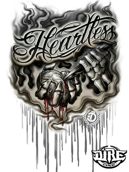 Heartless Loyalty Is Royalty Tattoo, Sketch Drawing Ideas Creative, Heartless Tattoo Stencil, Popular Loner Tattoos, Heartless Tattoo Men, Heartless Tattoo For Women, Lowrider Art Gangsters, Gangsta Tattoos Gangsters Drawings, Og Able