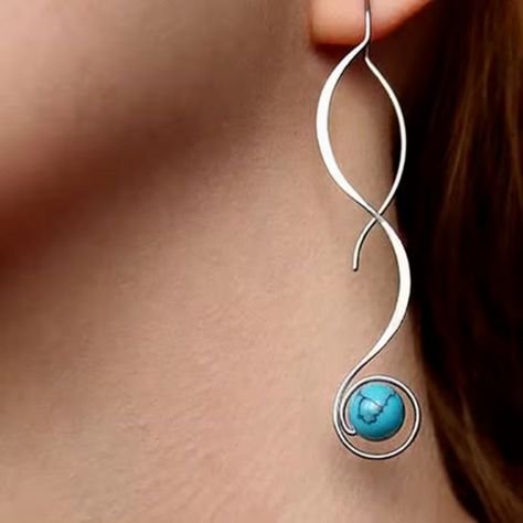 These Earrings Measure 1.10 Inches Long, The Picture Does Make Them Appear Longer. These Beautiful Earrings Are A Must-Have For Anyone Who Loves Unique And Trendy Jewelry. The Earrings Feature A Stunning Spiral Ribbon Wire Design With Faux Turquoise Beads That Is Both Eye-Catching And Fashionable. The Silver Color Adds A Touch Of Elegance To Any Outfit, Making Them Perfect For Any Occasion. The Dangle/Drop Style Of These Earrings Adds Movement And Flow To Your Look. They Are Perfect For Both Cas Turquoise And Silver Earrings, Wire Earring Designs, Aluminum Wire Earrings, Hammered Wire Jewelry, Easy Jewelry Making Ideas, Threaded Earrings, Wire Earrings Handmade, Twisted Ribbons, Earring Styles