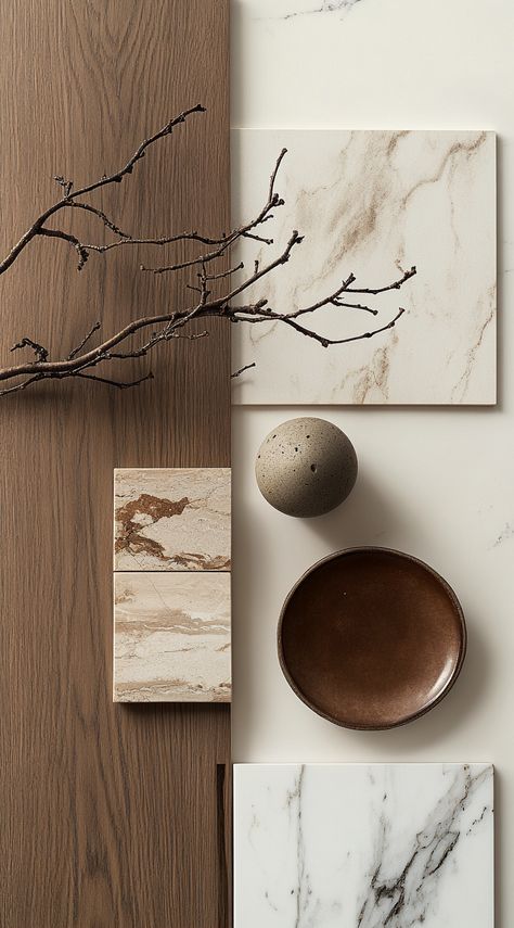 Moodboard of materials for interior design Luxury Wallpaper For Bedroom, Wood In Interior Design, Modern Luxury Moodboard, Earthy Interior Design Colour Palettes, Luxury Material Board, Organic Modern Mood Board, Balance Moodboard, Interior Design Mood Board Color Palettes, Mood Boards Kitchen