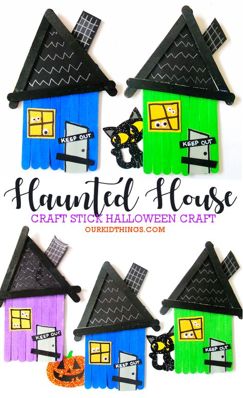 Craft Stick Haunted House Craft Haunted House Craft, Wooden Craft Sticks, Fire Kids, Ghost Crafts, Craft Halloween, House Craft, Teacher Activities, Kids Worksheets Printables, Basket Crafts