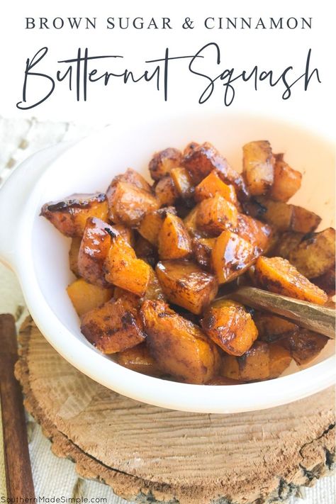 This recipe for Brown Sugar Cinnamon Roasted Butternut Squash brings all the flavors of fall, and it’s a perfectly sweet option to serve as a side dish or even a dessert! #butternutsquash Butternut Squash Brown Sugar, Butternut Squash Baked, Butternut Squash Recipes Roasted, Butternut Squash Cinnamon, Baked Recipe, Baked Butternut Squash, Brown Sugar Recipes, Baked Squash, Butternut Squash Recipes