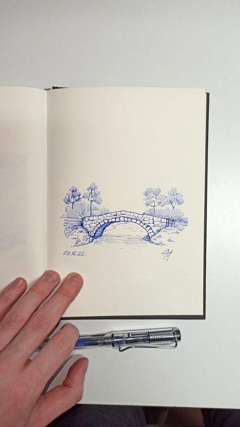 Simple Drawings With Pen, Mini Sketchbook Drawing, Blue Pen Sketch Simple, Fineliner Art, Pen Art Work, Pen Art Drawings, Landscape Sketch, Sketchbook Art Journal, Mini Drawings