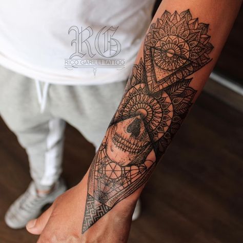 Instagram: @ricogarilli | #mandala #geometric #sacredgeometry #hand #wrist #arm #forearm #dotwork #skull #patternwork #dotwork #fineline #detail #tattoo #black | By Rico Garilli | Jul 18th 2018 | 607472 Mandala Arm Tattoos, Mandala Wrist Tattoo, Full Hand Tattoo, Outer Forearm Tattoo, Mandala Hand Tattoos, Mandala Tattoo Sleeve, Skull Hand Tattoo, Geometric Mandala Tattoo, Linework Tattoo