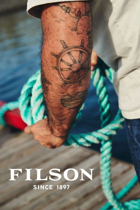 The History and Meaning of Maritime Tattoos | Filson Journal|#tattoo #handtattoo #tattoos #tattoodesigns 337 Tattoo For Sailors, Nautical Patchwork Tattoo Sleeve, Seamans Tattoos, Vintage Tattoo Ideas Men, A Smooth Sea Never Made A Skilled Sailor Tattoo, Men’s Nautical Tattoos, Nautical Elbow Tattoo, Nautical Wrist Tattoo, Nauticle Tattoos