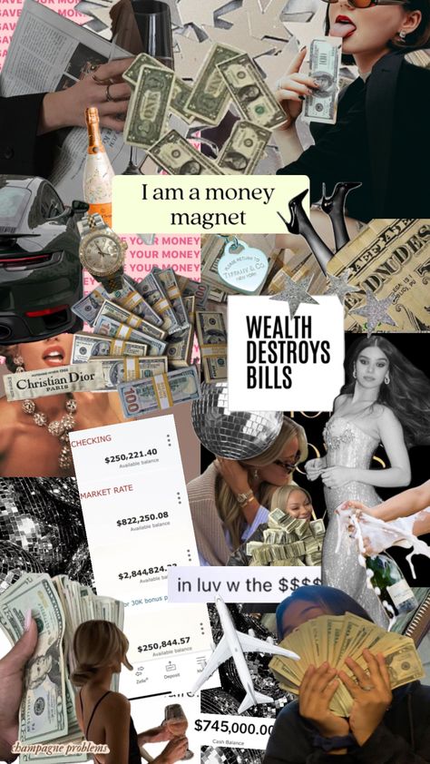 money mood board. #music #vibes #beauty #nature #vintage #fyp #wealthy #rich #money Money Mood Board, Money Mood, Beautiful Vision Boards, I Am A Money Magnet, Vision Board Collage, Board Wallpaper, Money Vision Board, Vision Board Wallpaper, Music Vibes