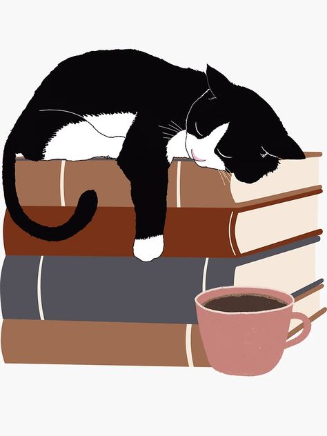 "Cat sleeping on books" Sticker for Sale by BookishSpace1 | Redbubble Sleeping Cats Illustration, Cat On Books Drawing, Cat Sleeping Drawing, Sleeping Cat Illustration, Cat Sleeping On Books, Bookshelf Painting, Cat On Book, Cat With Books, Cat Friendship