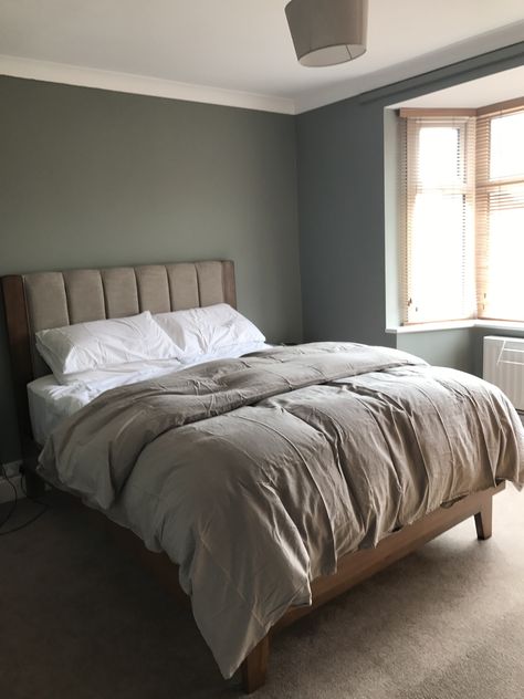 Master bedroom painted in Farrow and Ball Pigeon No. 25. Pigeon Bedroom, Bedroom Paint Colours, Farrow And Ball Pigeon, Farrow And Ball Bedroom, Basement Guest Rooms, Blue Bedroom Design, Relaxing Bedroom, Farrow And Ball, Bedroom Color Schemes