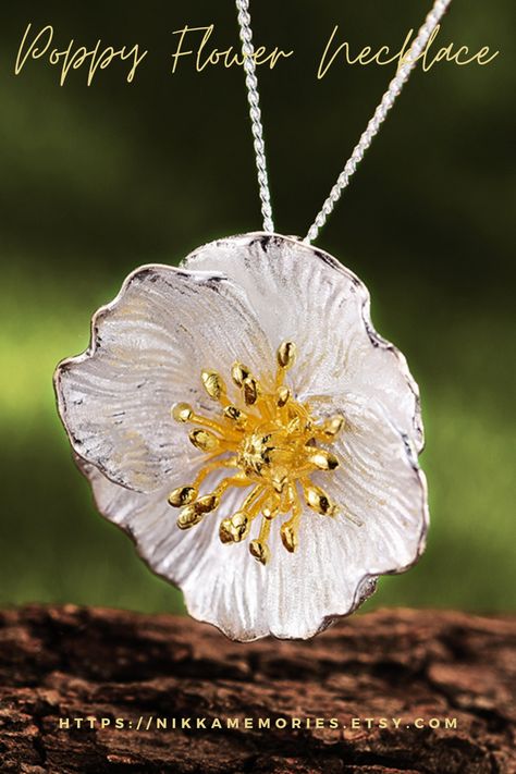 silver Blossom Poppy Flower Necklace Poppies Flower, August Birth Flower, Poppy Necklace, Flower Symbol, Rose Gold Flower, Handmade Fine Jewelry, Floral Pendant, Flower Pendant Necklace, Birth Flower