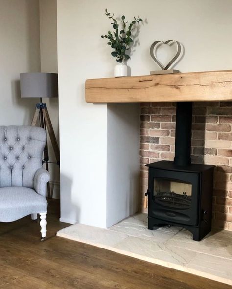 Wood Burner Fireplace, Log Burner Living Room, Fireplace Gallery, Oak Mantle, Brick Slips, Wooden Beam, Country Style Living Room, Oak Fireplace, Adams Homes