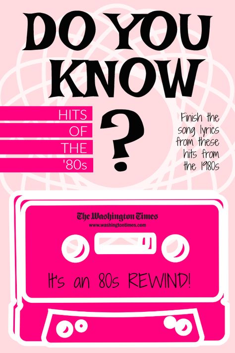 QUIZ: Just fill in the blanks! Finish the lyrics from these 80s hits. #quiz #80s #music #lyrics 80s Music Trivia, Finish The Lyrics Game, Finish The Lyrics, 80s Hits, Music Trivia, Free Songs, Trivia Night, Game Nights, 80s Music