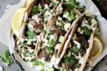 Grilled Turkey Meatball Gyros | Tasty Kitchen Blog Meatball Gyros, Lamb Meatballs Greek, Tzatziki Recipe, Mint Pesto, Lamb Gyros, Gyro Recipe, Tzatziki Recipes, Coconut Dessert, Chicken Tacos Crockpot