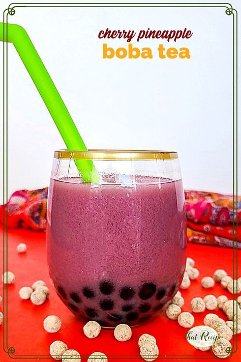 Cherry Pineapple Boba is a delicious and refreshing homemade bubble tea made with cherry tea, pineapple juice and tapioca pearls. homemade bubble tea | boba tea recipes | iced tea recipes Pineapple Boba Tea Recipe, Boba Tea Recipes, Homemade Bubble Tea, Tea Popsicles, Iced Tea Recipes Homemade, Boba Tea Recipe, Homemade Iced Tea, Cherry Tea, Orange Bubbles