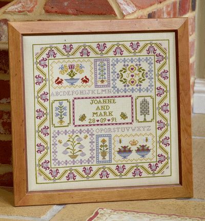 click here to view larger image of Wedding Boxes Sampler - Chart Only (chart) Wedding Sampler Cross Stitch, Wedding Sampler, Sampler Cross Stitch, Wedding Cross Stitch Patterns, Wedding Cross Stitch, Wedding Cross, Antique Samplers, Tapestry Kits, Stitch Ideas