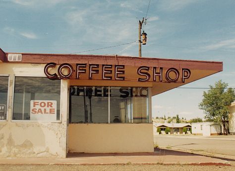 Abandoned Coffee shop that was part of a 1940s motel located in Holbrook, AZ. I took this photo in 1993 so I hope someone bought the shop and it wasn't demolished. Photo by Dave Bravenec Abandoned Coffee Shop, Desert Coffee Shop, Earth's Core, Vintage Arizona, Life Form, Personal Photo, Urban Decay, Photo Booth, Coffee Shop