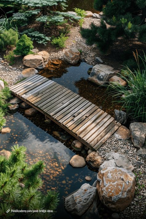 22 Inspiring Pond Ideas with Bridges to Enhance Your Outdoor Space Pond With Bridge, Garden Bridge Design, Pond Bridge, Garden Pond Design, Turtle Pond, Lake Garden, Garden Waterfall, River Bridge, Pond Water Features