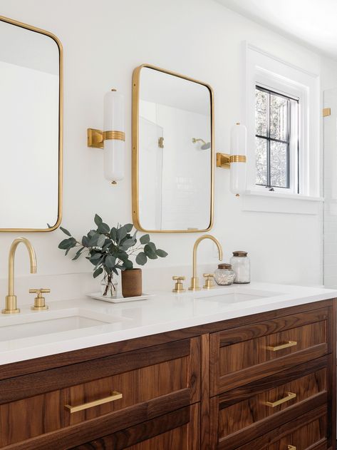 ONE ROOM CHALLENGE | WEEK THREE - Planning the bathroom vanity  // Shop now at www.wallandroom.com Follow us on instagram: @wallandroom Mid Century Vanity, Brass Vanity Light, Vanity Light Bar, Mercer Island, Contemporary Vanity, Vanity Room, Bathroom Sconces, Gold Bathroom, Bathroom Wall Sconces