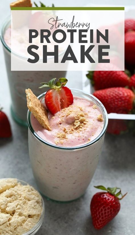 What's better than cheesecake for breakfast? NOTHING! You're going to love this Strawberry Protein Shake because it tastes exactly like strawberry cheesecake. This protein powder smoothie recipe is made with just a few simple ingredients: frozen strawberries, bananas, vanilla protein powder, Greek yogurt, and almond milk. Protein Powder Greek Yogurt, Vanilla Protein Shake Recipes, Protein Powder Smoothie Recipes, Strawberry Protein Shake, Strawberry Protein Smoothie, Protein Powder Smoothie, Protein Powder Shakes, Vanilla Protein Shakes, Strawberry Protein