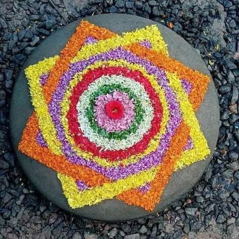 Flower Rangoli Designs 🔥👌 #diwalirangoli #Diwali2024 Atham Onam Simple Design, Onam Pookalam Design Simple Small Mandir, Square Pookalam Design, Atha Pookalam Designs, Onam Celebration Decoration, Flower Pokalam, Onam Pukalam, Ona Pookalam, Onam Rangoli Flower