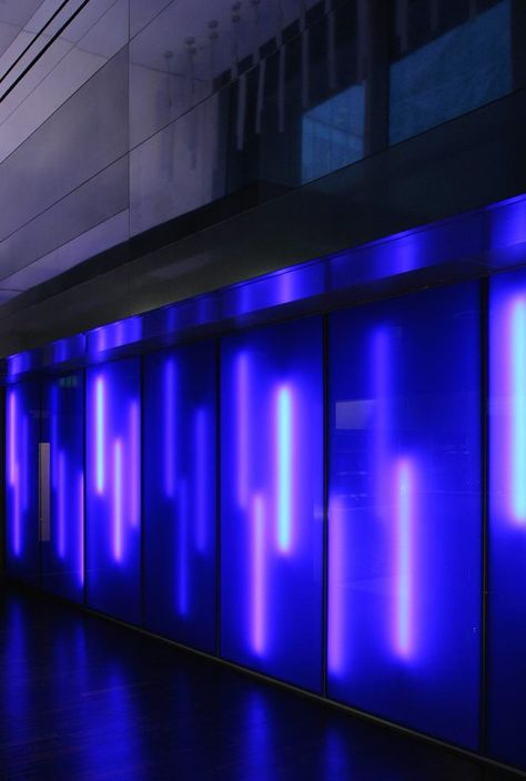 light filter panels by Laura Bayliss Light Neon Light Installation, Synth Wave, Led Light Installation, Castle Rooms, Karaoke Room, Mirror Room, Event Display, Blue Lighting, Blue Carpet