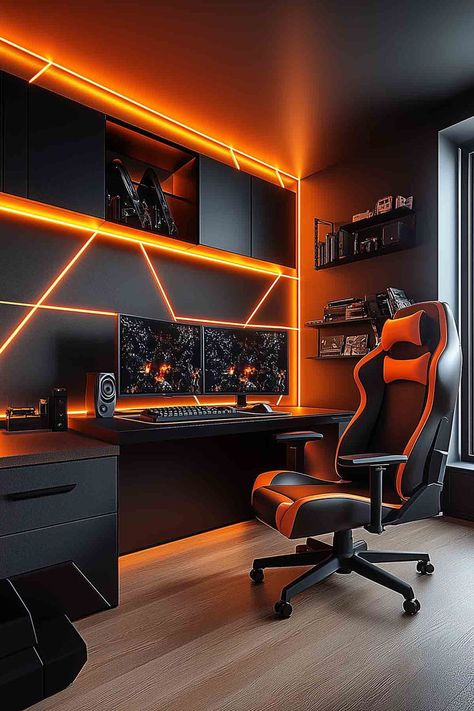 A gaming room setup featuring orange LED lights, a black and orange chair, and a modern desk with dual monitors. Modern Gaming Desk, Best Pc Setup, Small Gaming Room Ideas, Desk Setup Gaming, Work Wallpaper, Game Room Ideas, Games Room Inspiration, Teknologi Futuristik, Gaming Ideas