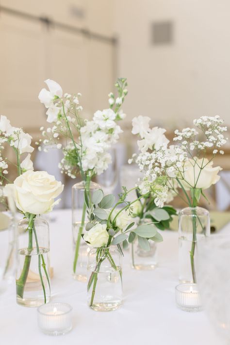 The Pietrzaks-1511 White And Green Bud Vases Wedding, Bud Vases With White Flowers, Small Flower Centerpieces Simple, Round Table Bud Vase Centerpiece, Wedding Centerpieces Bud Vases, Bud Vases Wedding Centerpiece, Italian Style Dinner, Wedding Bud Vases, Green Taper Candles