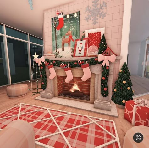 Bloxburg Christmas House Living Room, Cute Christmas Bloxburg Houses, Cozy Christmas Bloxburg House, Bloxburg Christmas Decorating Ideas, Bloxburg Christmas Interior Ideas, Christmas Bloxburg Decor, Bloxburg Christmas House Decor, Bloxburg Christmas House Colors, Christmas Decor Bloxburg