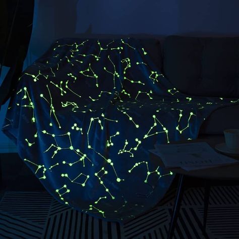 Glow-in-the-Dark Constellations Throw Blanket Glow In The Dark Yarn Crochet Ideas, Glow In The Dark Embroidery, Glow In The Dark Crochet, Instant Print Camera, Wood Burning Kits, Light Panels, Floor Murals, Cuddly Blanket, Dark Star