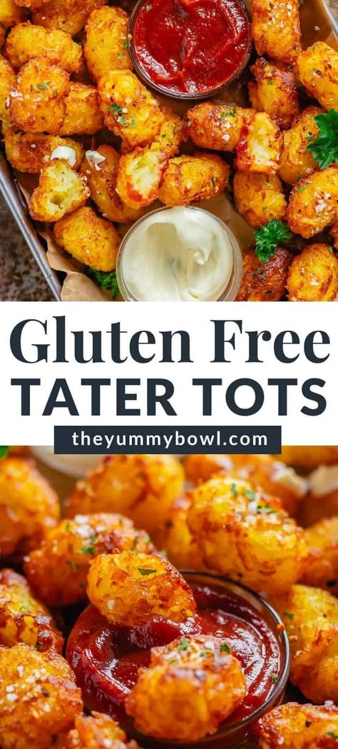 Perfectly crispy golden brown on the outside and tender soft inside, these homemade Gluten Free Tater Tots will become your new favorite snack! These highly addictive tots will make you say goodbye to store-bought unhealthy tater tots! Tator Tot Recipe, Homemade Tater Tots, Tater Tot Recipes, Gluten Free Sides, Gluten Free Potatoes, Soy Free Recipes, Gluten Free Flour Blend, Homemade Gluten Free, Gluten Free Recipes For Dinner