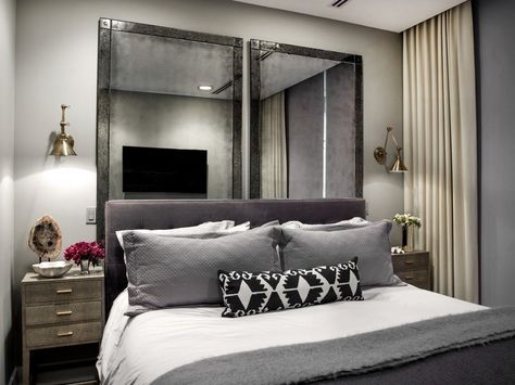 Mirror Behind Bed, Mirror Headboard Diy, Small Apartment Tour, Dramatic Bedroom, Diy Bed Headboard, Chicago Condos, Condo Interior Design, Mirror Headboard, Condo Interior