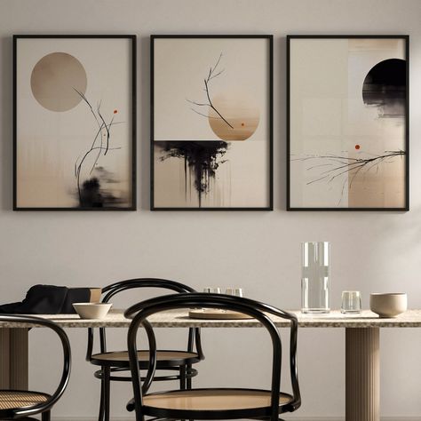 Japandi Style Artwork, Japandi Minimalist, Modern Japandi, Neutral Earth Tones, Japandi Art, Neutral Color Scheme, Wall Art Set Of 3, Aesthetic Black, Art Set Of 3