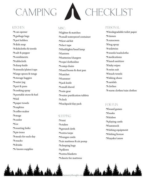 Camping Checklist @themerrythought Essential Camping Gear List, Back Country Camping Packing List, Rainy Camping, Boating Essentials, River Camping Checklist, Fancy Camping, Printable Camping List Packing Checklist, Basic Camping Checklist, Aliner Campers