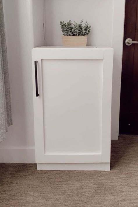 DIY Mini Fridge cabinet Mini Fridge Furniture, Small Frigerator Cabinet, Mini Fridge Bedside Table, Mini Fridge Cabinet Bedroom, Mini Fridge Hidden In Cabinet, Mini Fridge In Bathroom, Mini Refrigerator Ideas, Salon Suite Mini Fridge, Mini Fridge In Playroom