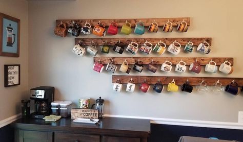 Diy Mug Rack, Coffee Cup Wall, Coffee Mug Storage, Coffee Mug Display, Mug Storage, Store Shelves Design, Eclectic Farmhouse, Storage Room Organization, Mug Display