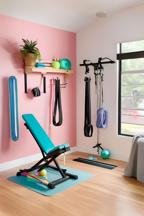 Maximize your workout area with this compact home gym design. Perfect for small spaces, this layout features multi-functional equipment to meet all your fitness needs. Mini Workout Area, Mini Gym At Home Ideas Basement, Gym Area In Home, Spare Bedroom Gym, Small Room Gym, Workout Area In Small Space, Workout Corner In Bedroom, Rv Workout, Cabinet Kine