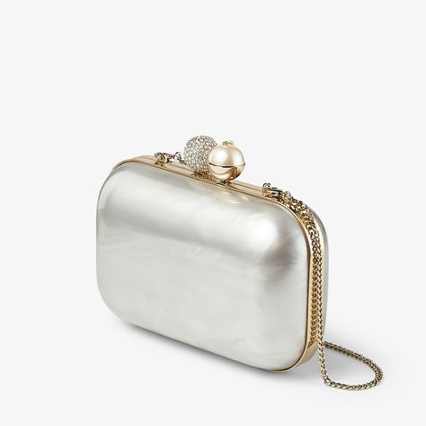 CLOUD | Ivory Mother of Pearl Clutch Bag with Crystal Clasp | Summer Collection | JIMMY CHOO CA Metallic Clutch Bag, Pearl Clutch Bag, Evening Clutches, Luxury Leather Bag, Pearl Clutch, Metallic Clutch, Embellished Clutch, Womens Designer Bags, Chain Strap Bag